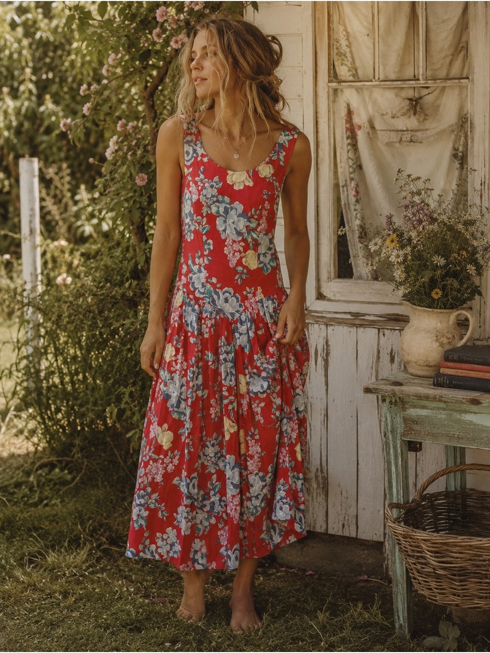 Vintage Laura Ashley 1980s Red Floral Sundress| Cotton| Size 8